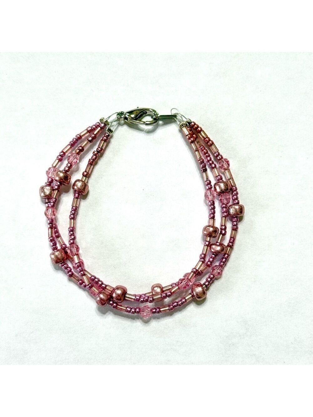 Handmade 3 Strand Pink Beaded Bracelet 7 Inches New